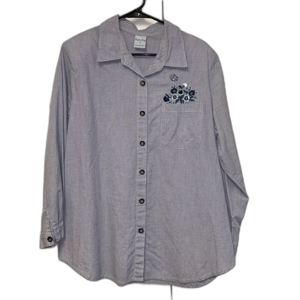 Cascade Blues Check Shirt Women Embroider Floral Button Up Long Sleeve 1X Cotton